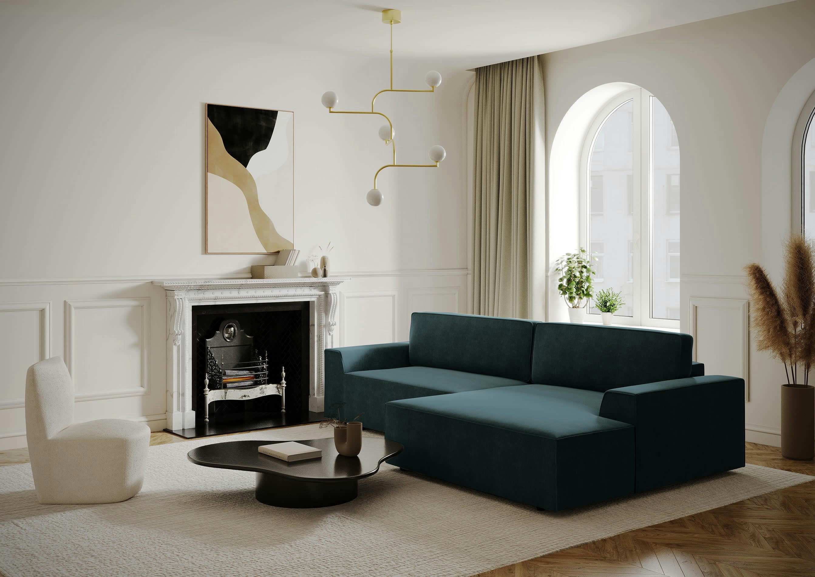 ELIOTT - Canapé angle droit convertible coffre velours bleu 300x174cm