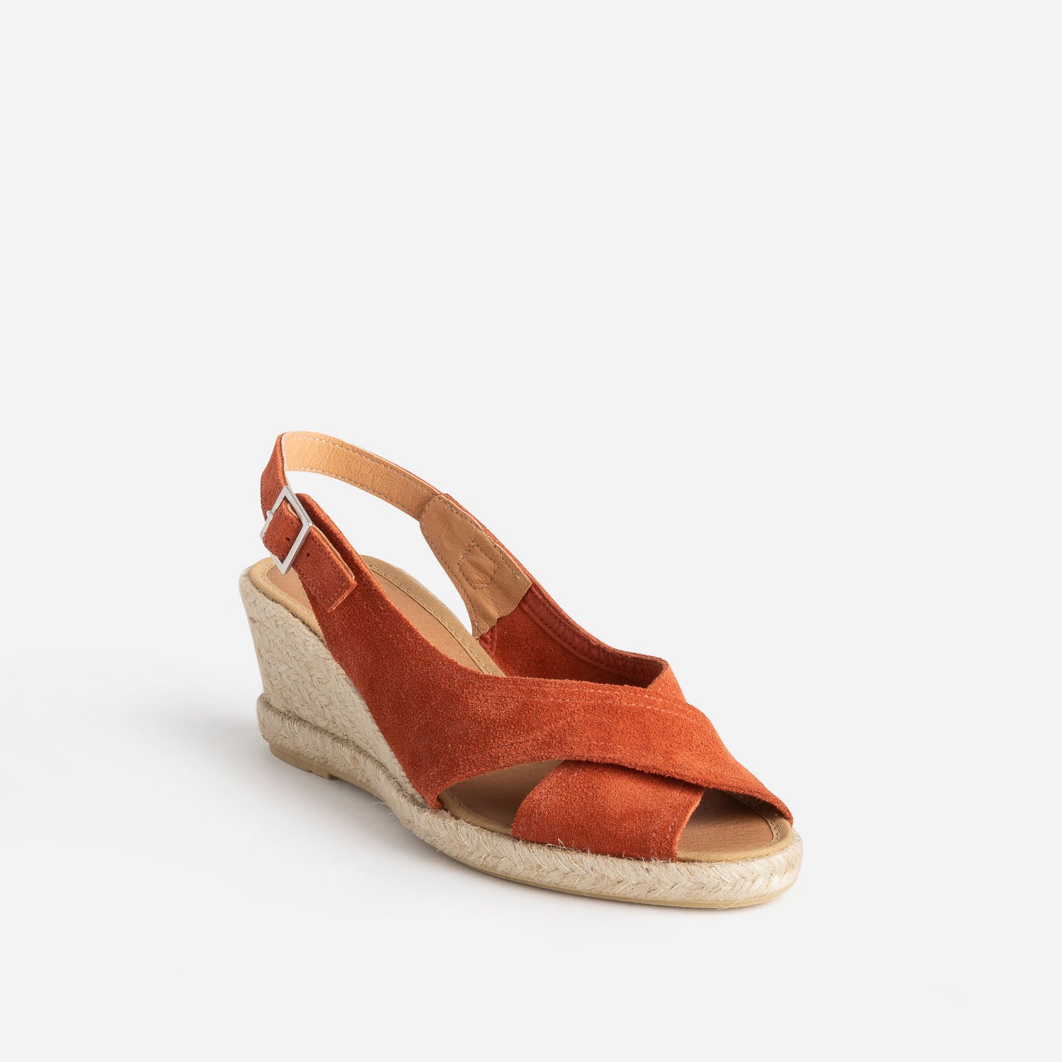 Sandale compensée terracotta en cuir velours