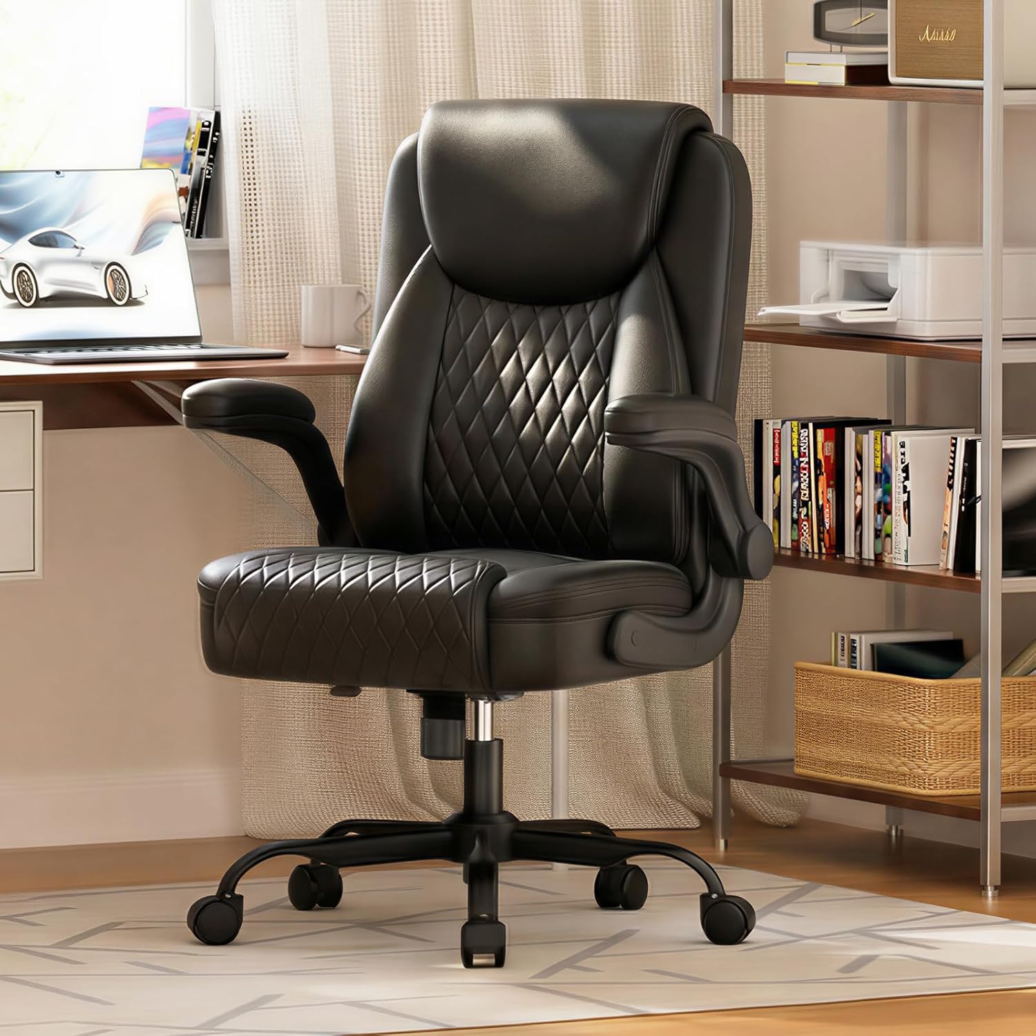 GTPLAYER Leather Office Chair, Home Desk Chair with Flip-up Arms and Ergonomic Back - Comfy Heavy Duty Executive Chair for Home Office Gaming, Charcoal Black
