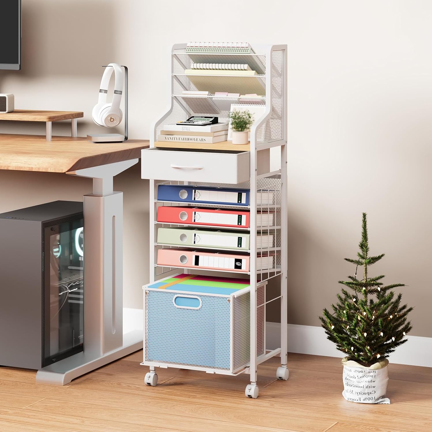 SWTYMIKI 10-Tier Rolling File Cart - Mesh Paper Organizer with Drawer and Hanging File Folders on Lockable Wheels, Rolling File Cabinet for Office Organization, Storage in Home, Studio, School, White