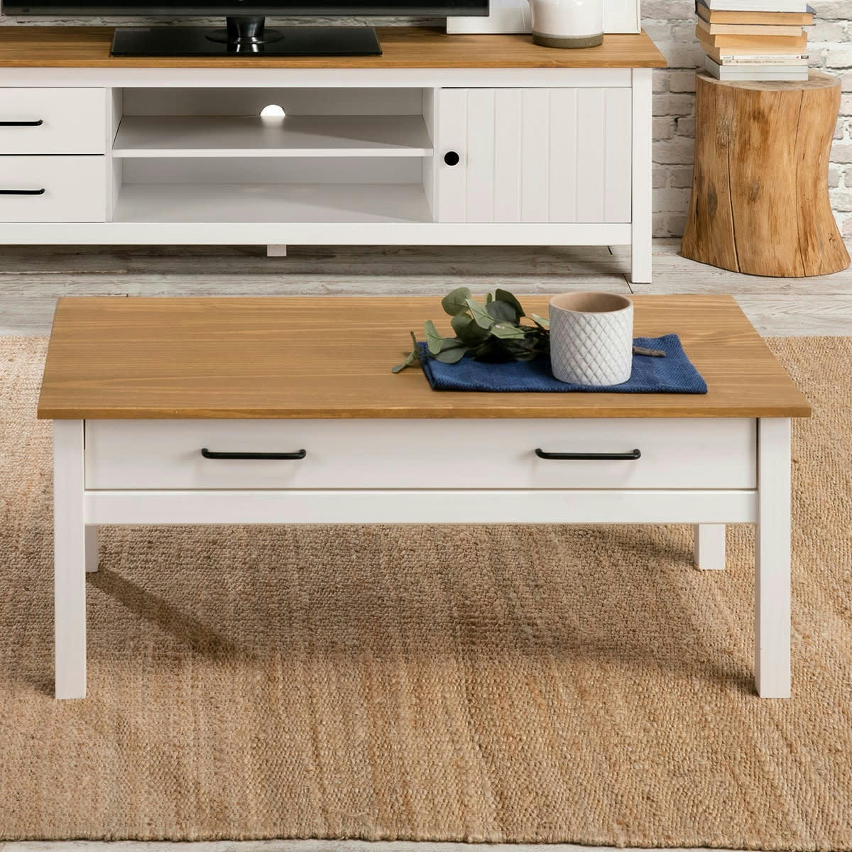 IDA - Table basse 1 tiroir effet en pin massif / blanc 100 cm