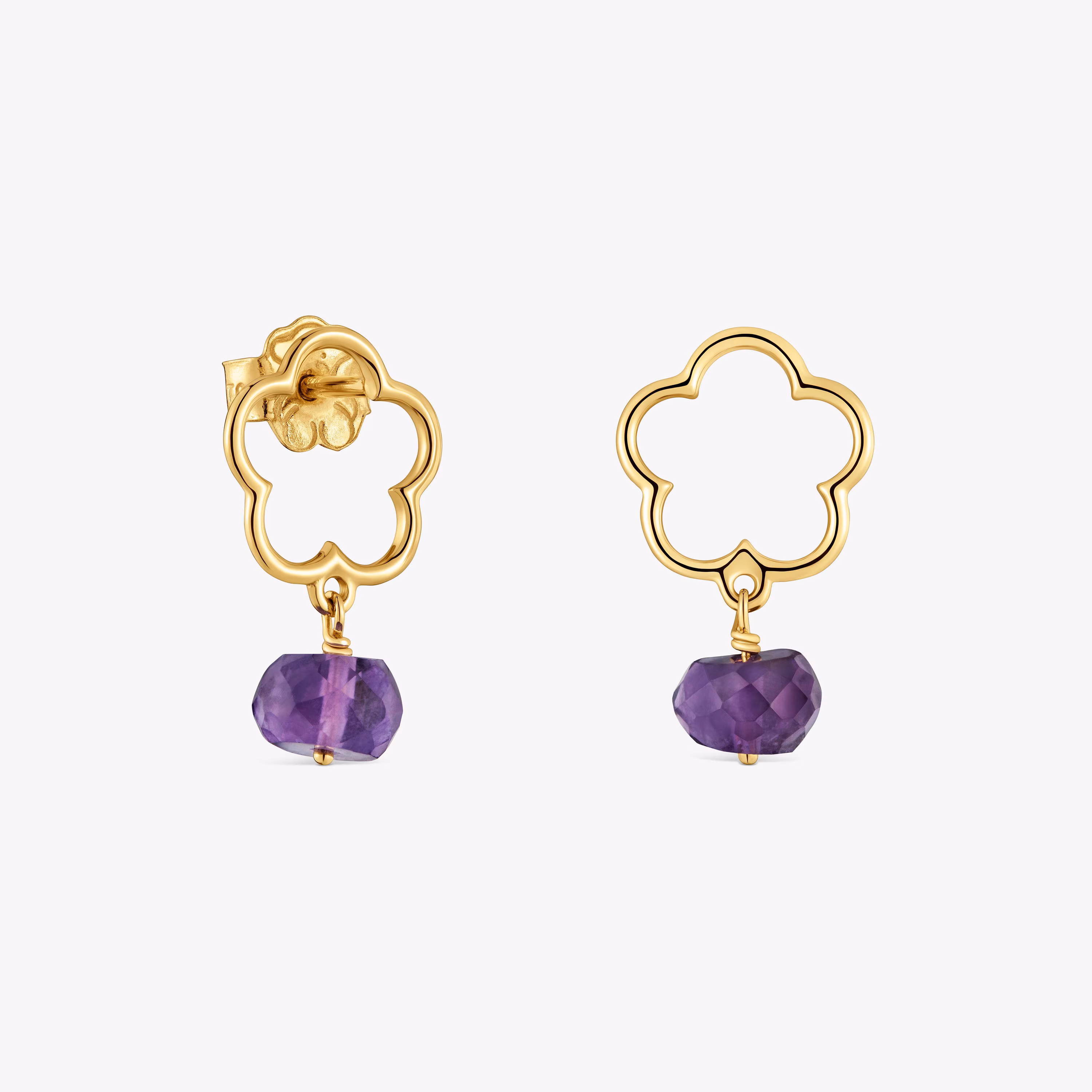 Pendientes flor de oro 9 kt y amatista Silueta
