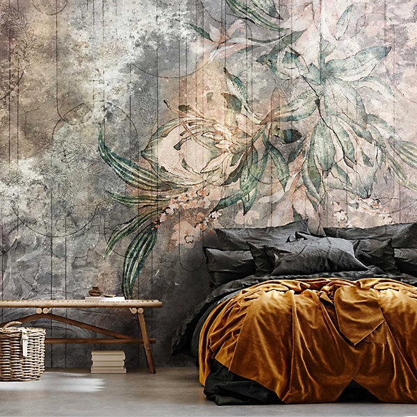 Papier Peint Fleurs Feuilles Vintage Intissé Panoramique 400x280 cm - Colle Inclus - Chambre et Salon - Moderne Papier Peint