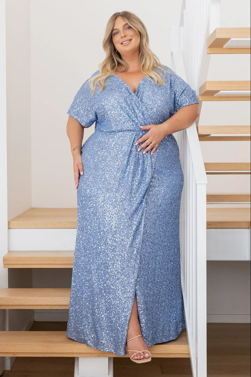 Arabella Sequin Maxi Dress in Steel Blue