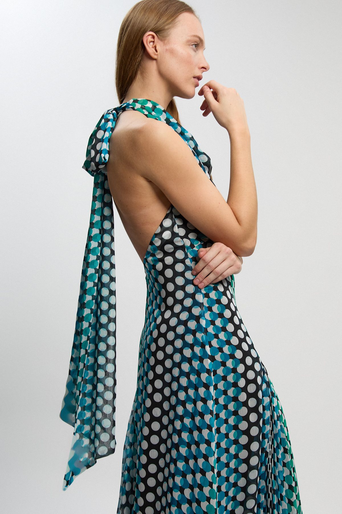 KarenMillen Polka Dot Drama Halter Pleat Insert Woven Maxi Dress