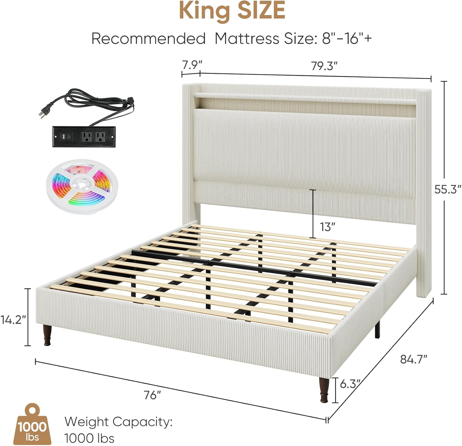 King Size Bed Frame with Tall Headboard, 55.3 Upholstered Platform King Bed Frame, Elegant Corduroy Wingback Bed with LED Lights & Charging Station, No Box Spring Needed, Solid Wood Slats, Cream