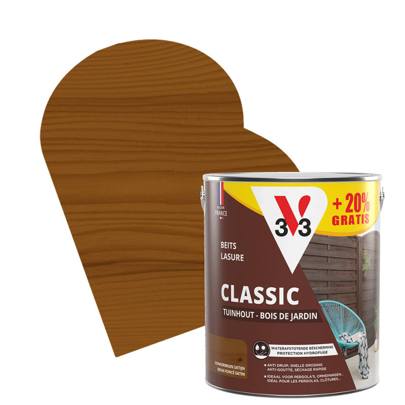 Lasure pour bois de jardin Classic brun foncé 2,5 L   0,5 L gratuit V33
