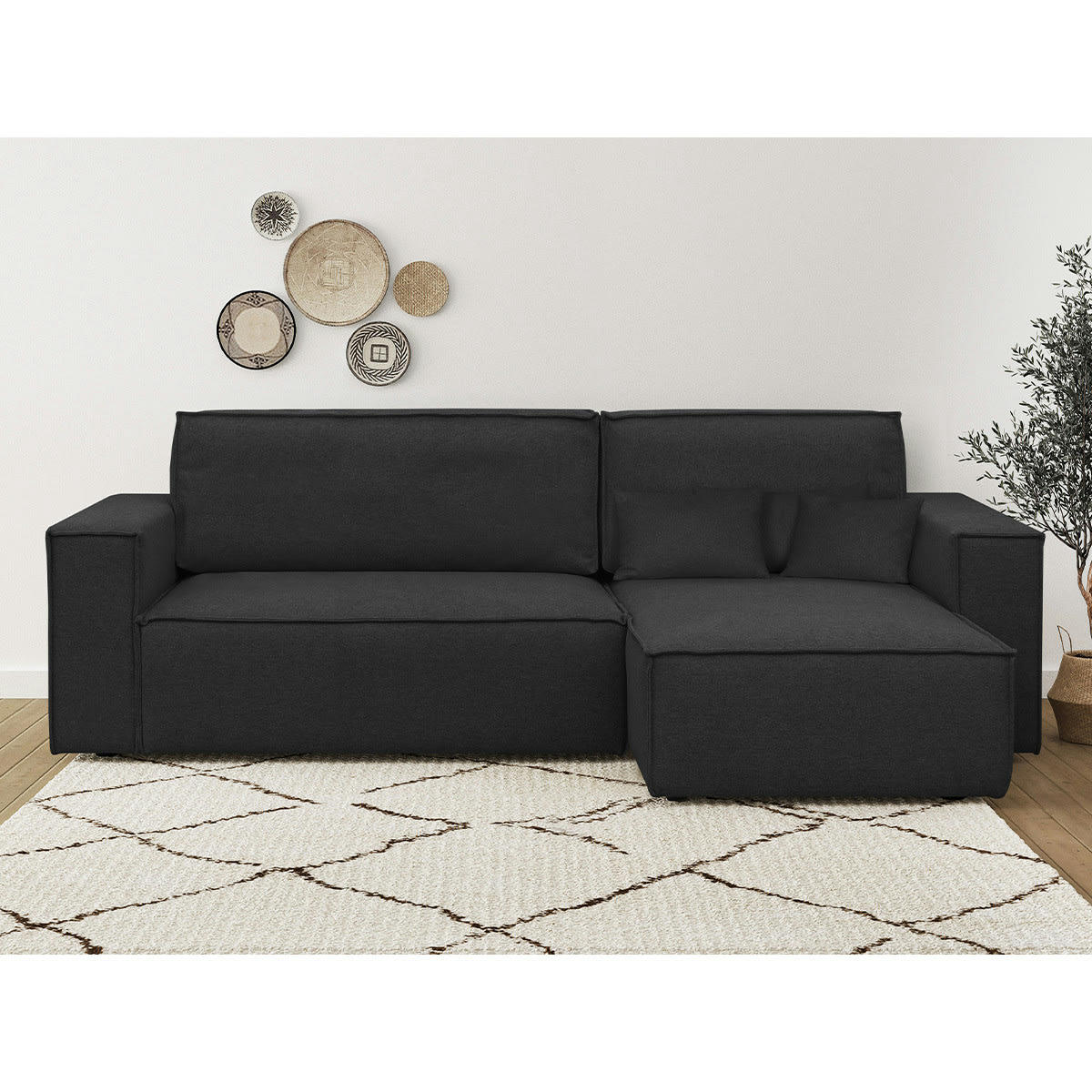 LIVIA NEW - Canapé d'angle convertible 4 places en tissu noir