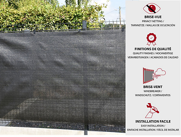 Brise-vue 90% - Gris Foncé - 185gr/m² - Boutonnières - Grande dimension 1.5 x 25m Gris foncé