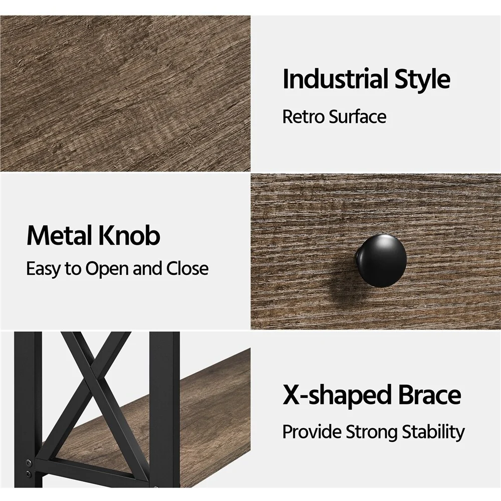 Wood and Iron Console Table, 1 Drawers and 2 Shelves