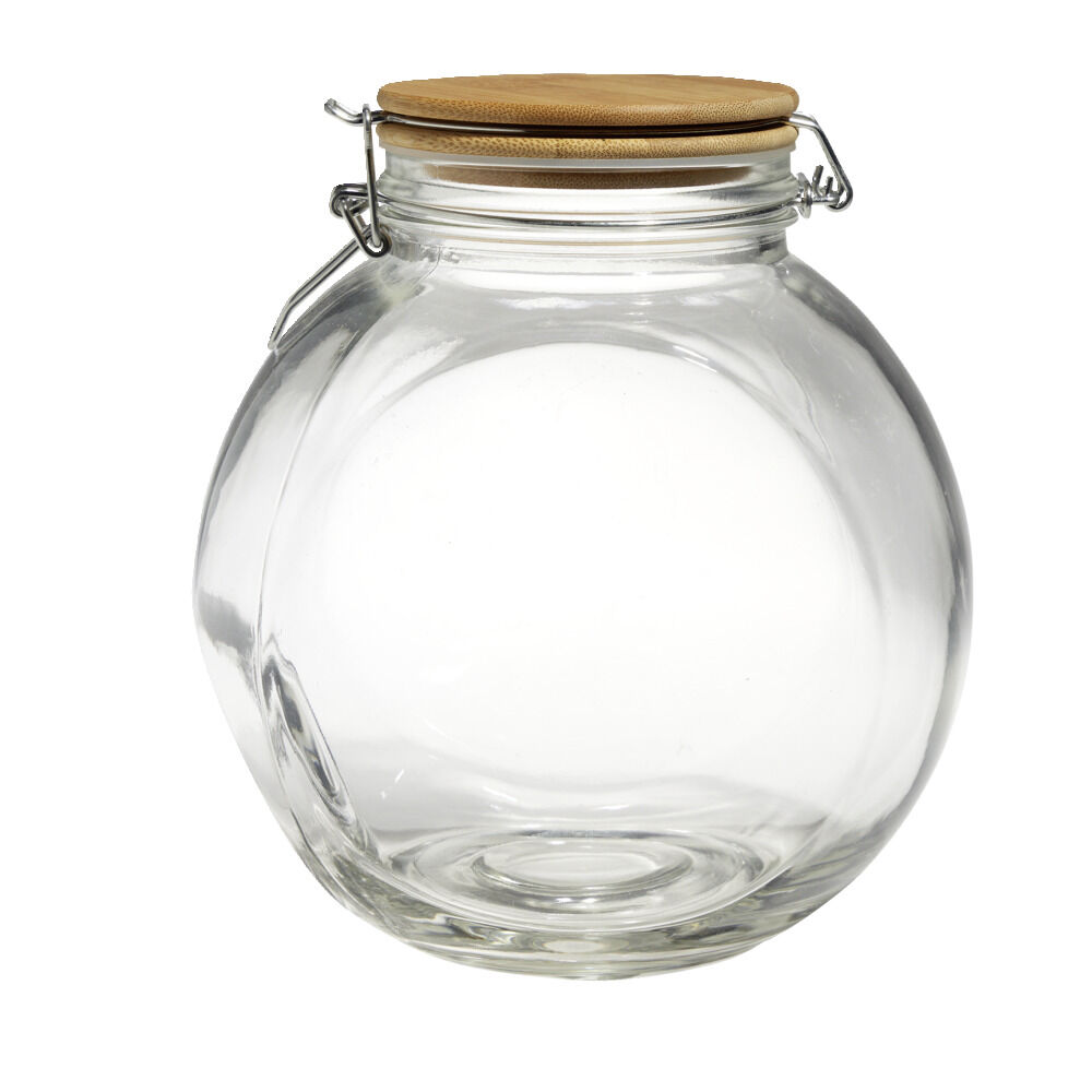 Bocal verre transparent 2,1L avec couvercle bambou et clip en fer