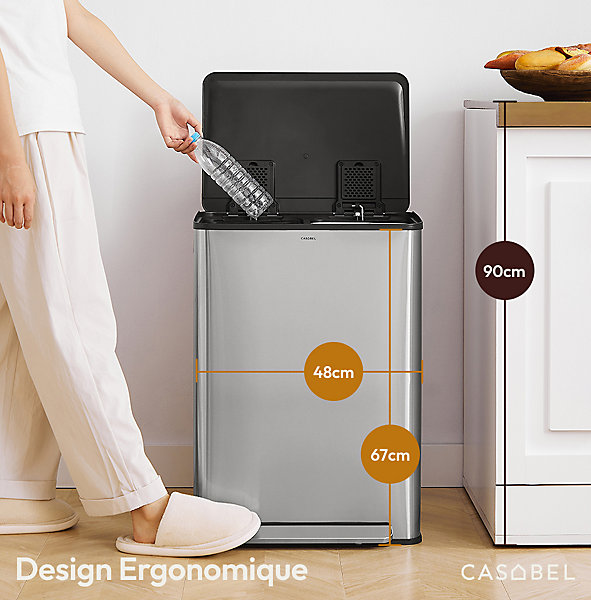 CASABEL Poubelle Tri Selectif 60L 2x30L Acier Inox Chrome Double Compartiments Pedale Bacs Amovibles Couvercles Silencieux