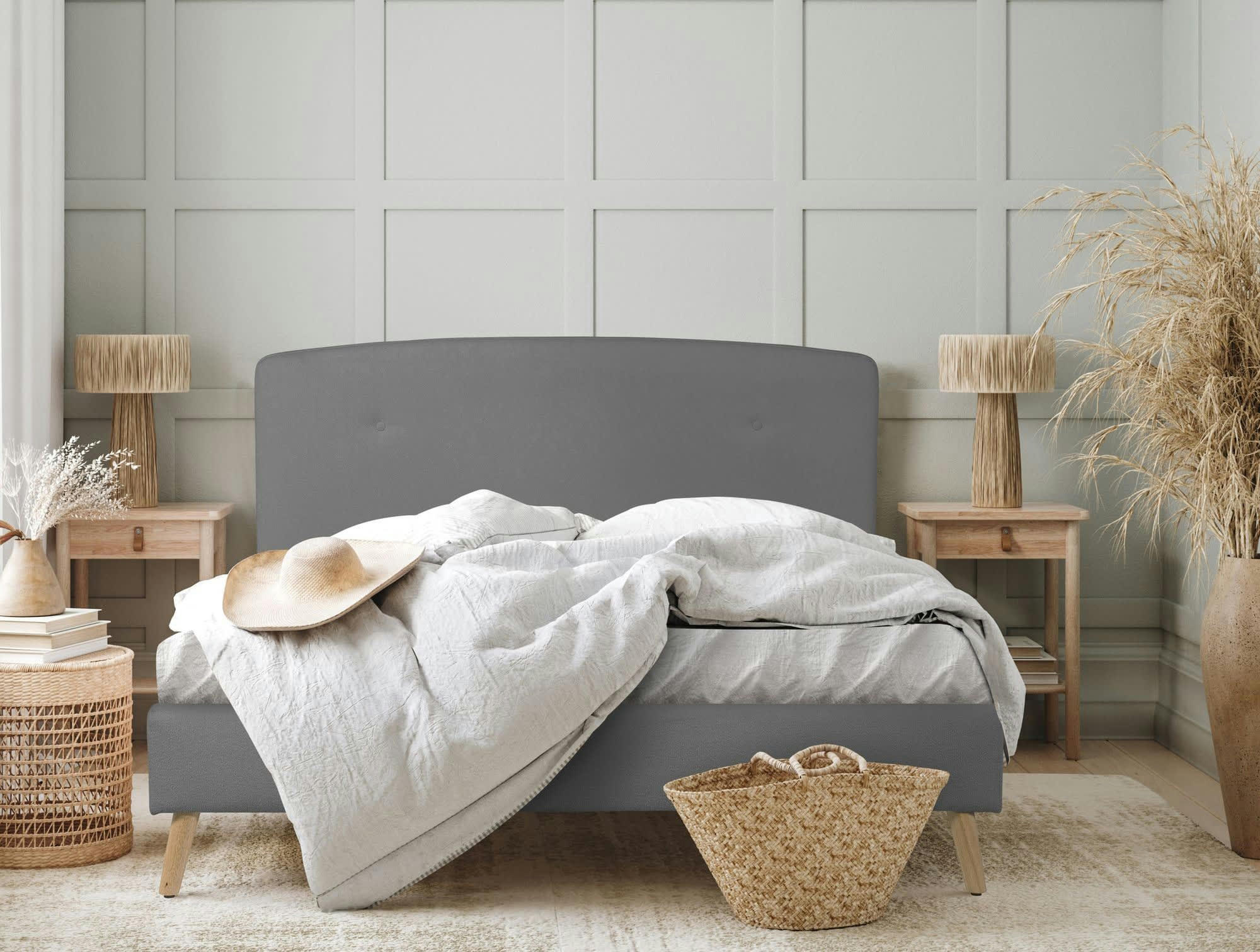 TARA - Lit avec matelas 2 places  en tissu gris perle 160x200
