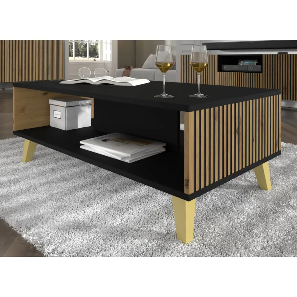 Salontafel Ravenna B 90x60 cm mat zwart / artisan eiken, gouden poten