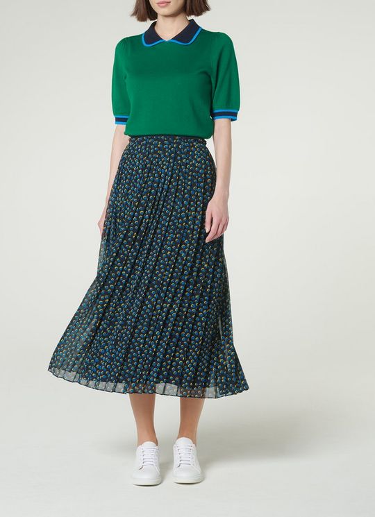 Avery Spot Print Pleated Navy Midi Skirt
