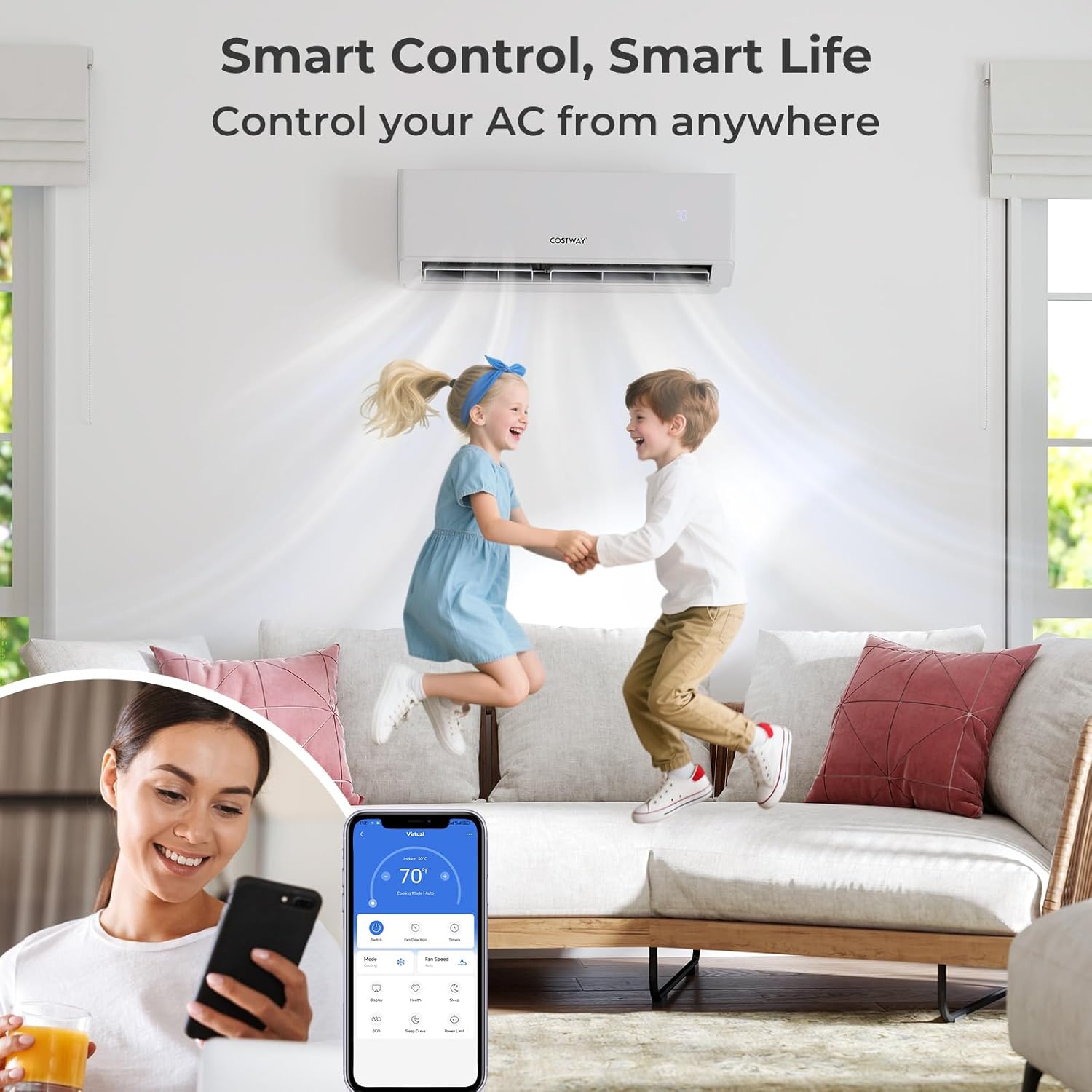 COSTWAY 18k Dual 2 Zone Mini Split Air Conditioner, 22 SEER2 7000 BTU+ 7000 BTU, 208-230V, Wifi Enabled Multi Zones Mini Split AC Heat Pump Full Set, Ductless Energy Star
