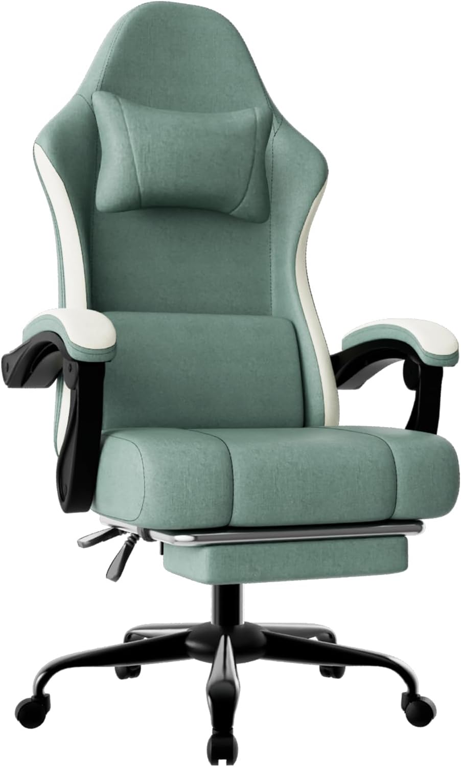 Gaming Chair, High Back Fabric Computer Chair with Pocketed Spring Cushion and Footrest, Height Adjustable Game Chair with Headrest and Lumbar Support (Beige & Blue)
