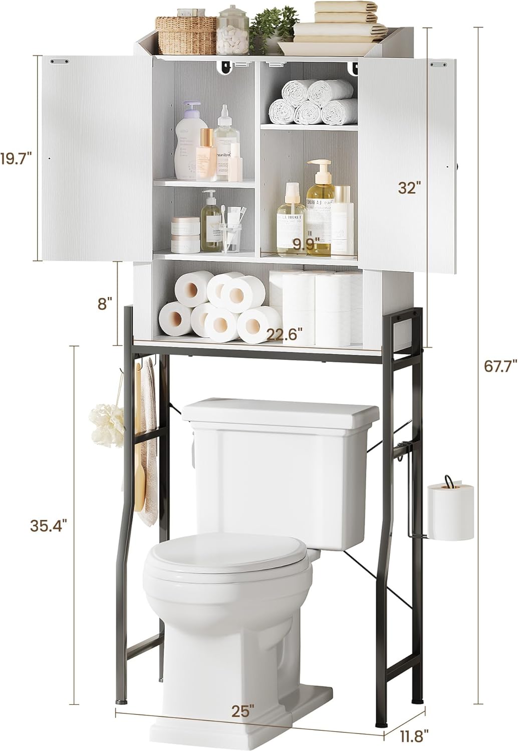Memobarco Over The Toilet Storage Cabinet, Over Toilet Organizer with 2-Door & Metal Stand, Bathroom Organizers and Storage with Adjustable Shelves for Bathroom, Restroom, Laundry, White