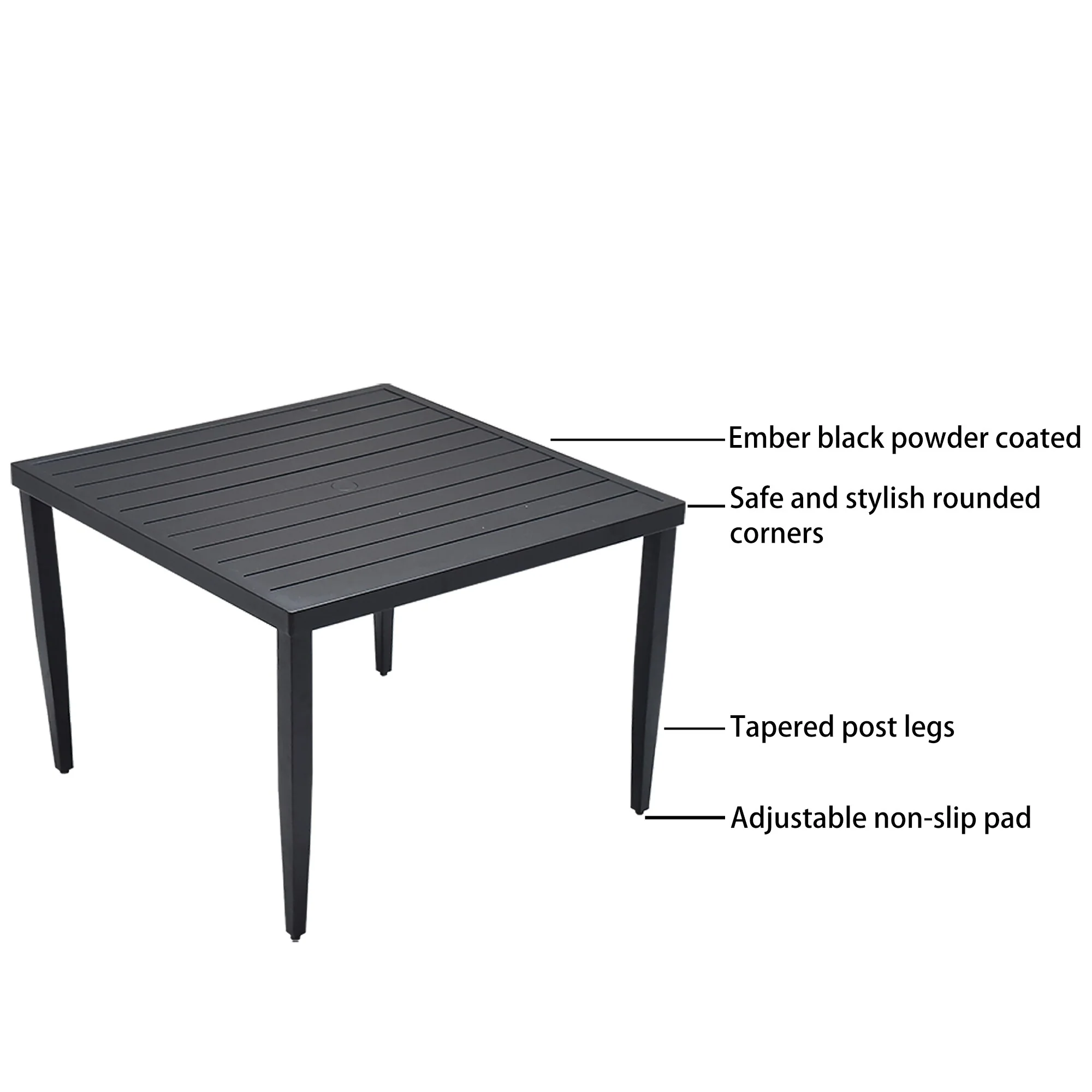Outdoor Patio Aluminum Square Dining Table With Tapered Feet & Umbrella Hole