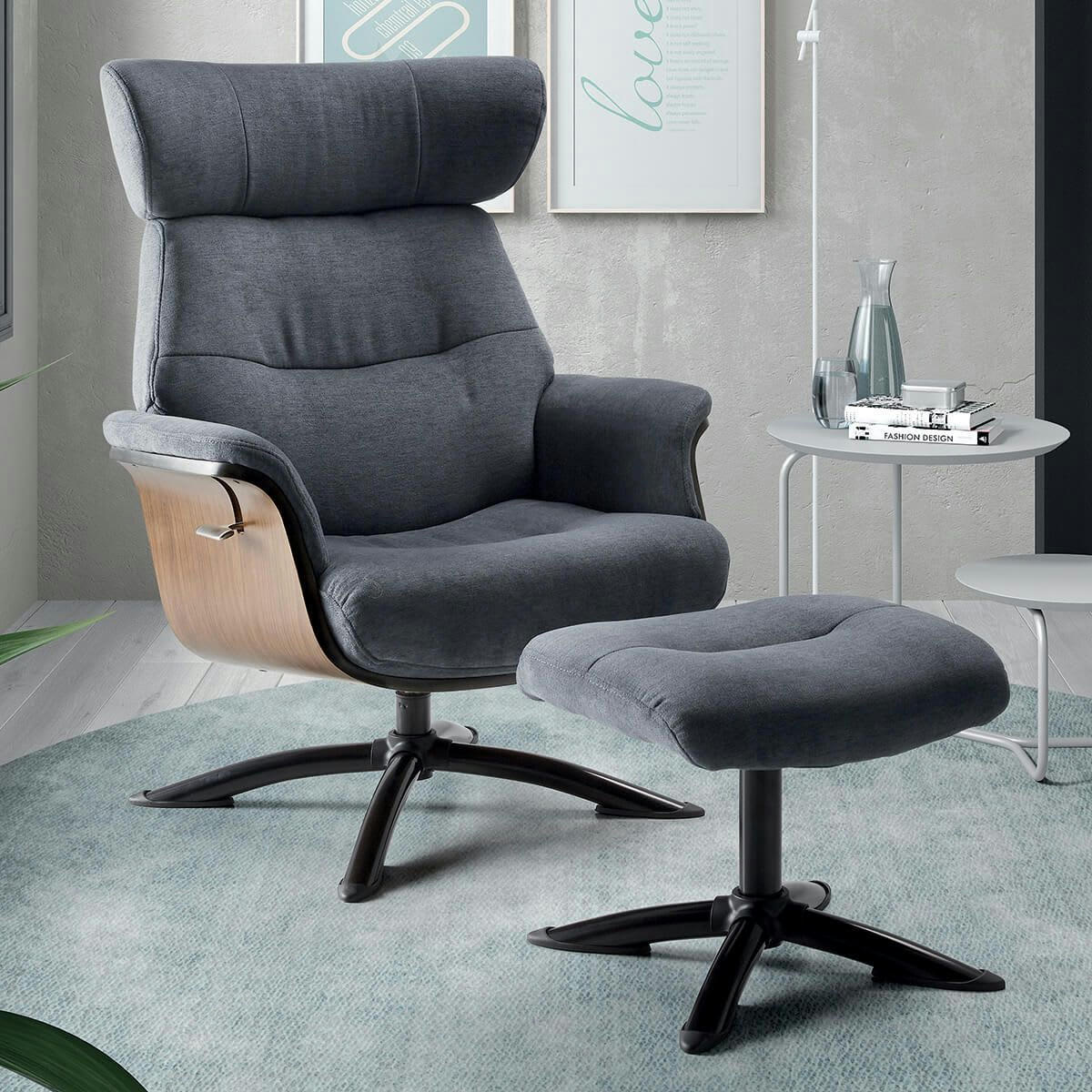 OBANOS - Fauteuil  inclinable + repose-pieds gris bleu