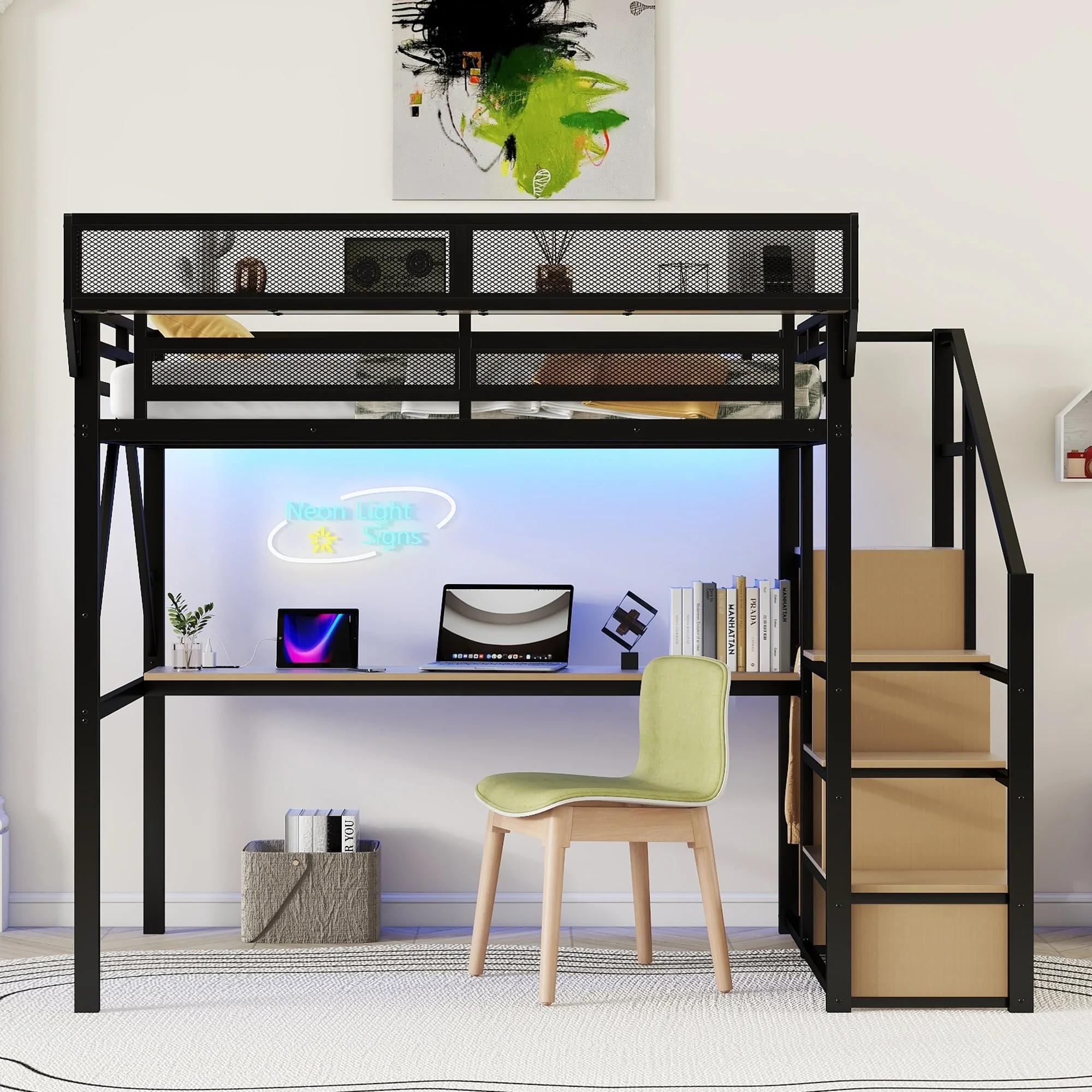 Full Loft Bed with Desk and Charging Station, Full Size Metal Loft Bed with Stairs and Light for Kids Teens