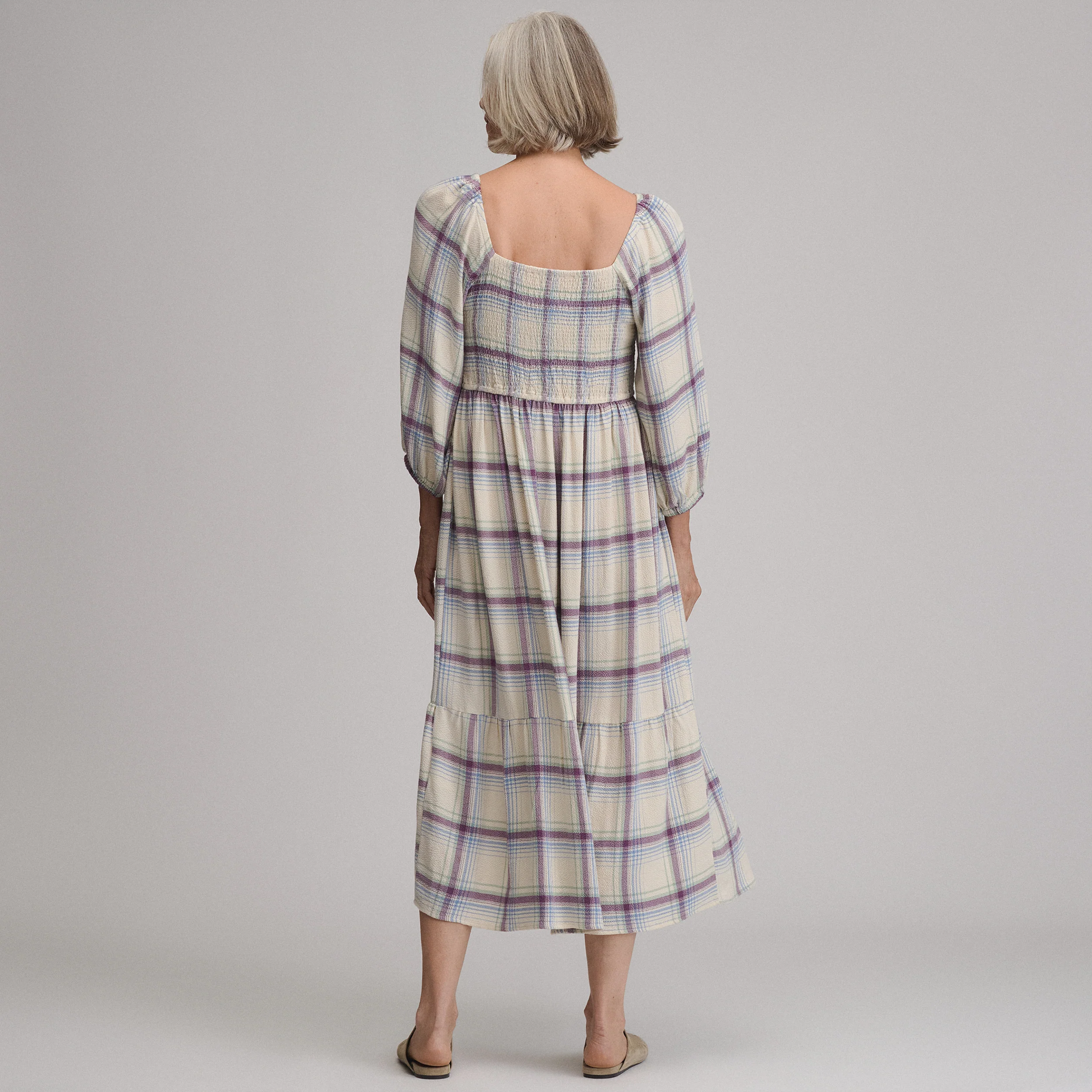 Women's Plaid 3/4 Sleeve Smocked Bodice Dress