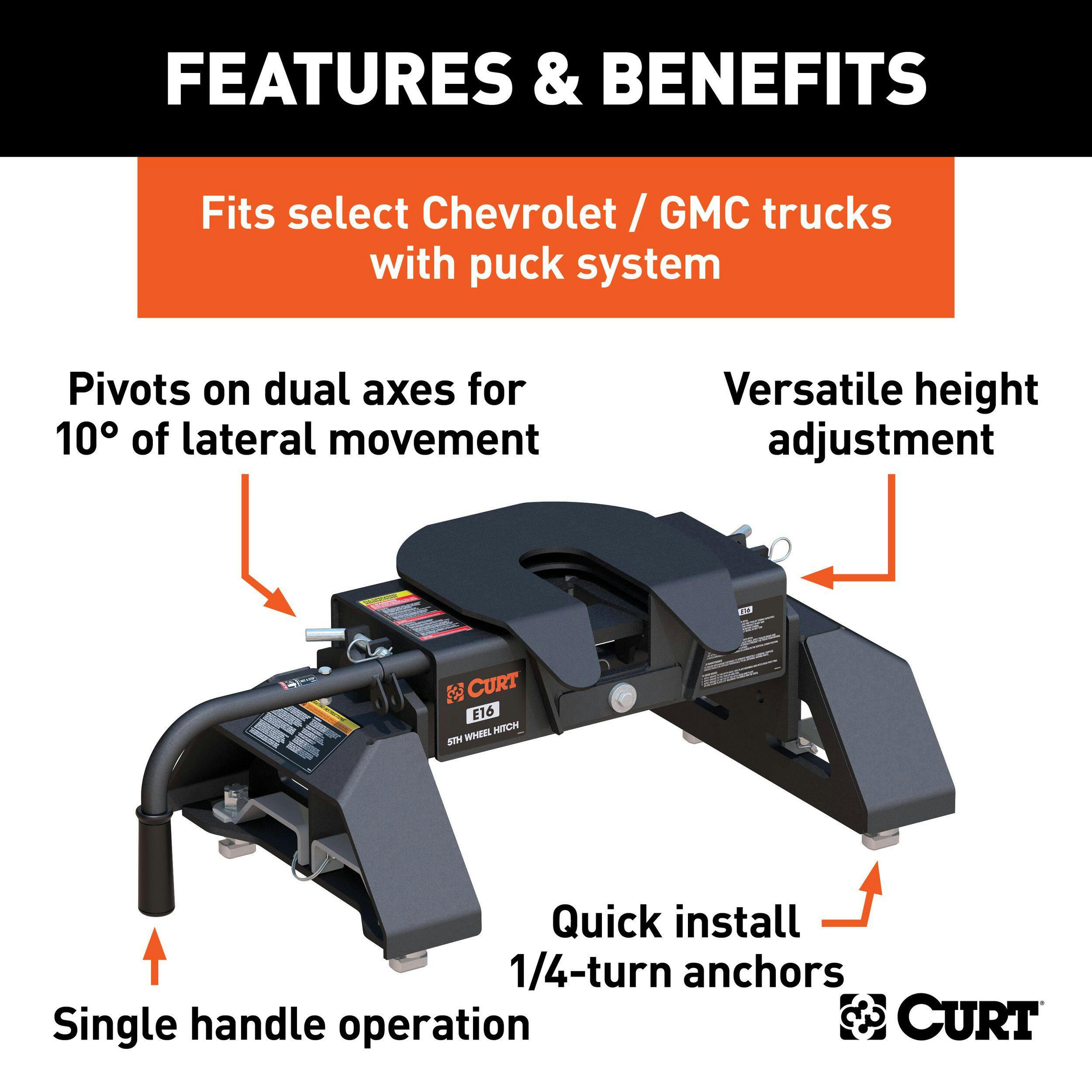 CURT 16097 E16 5thWheel Hitch, 8-ft Bed Puck System, Select Chevrolet Silverado, GMC Sierra