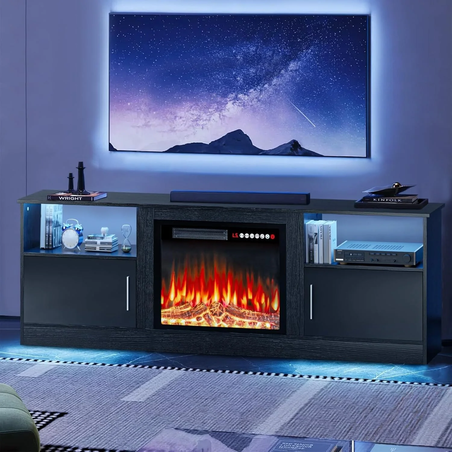 BOSSIN 70 Fireplace TV Stand - Modern Wood Entertainment Center with 23 Electric Fireplace with LED Light for Living Room