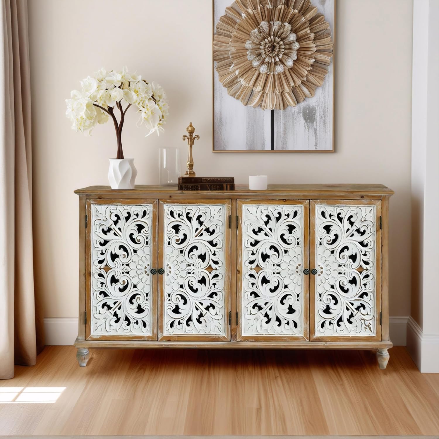 Hand-Carved Wood Buffet Cabinets - Solid Wood Storage Cabinet,Entry Way Cabinet with Storage for Living Room & Kitchen,Dining Room Storage Cabinet with Doors and Shelves