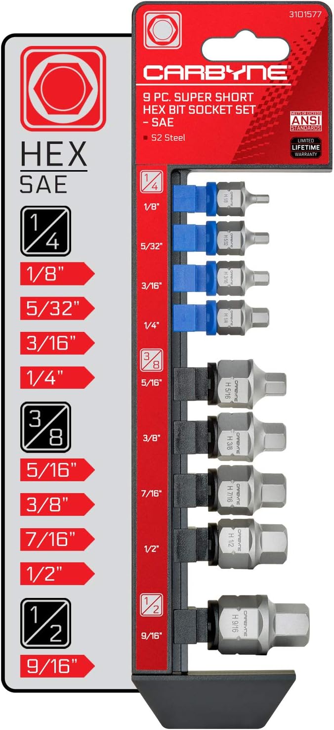 CARBYNE 9-Piece Stubby Low Profile Hex Bit Socket Set SAE S2 Steel Super Short Allen Sockets with Dual Drive Internal Square and External Hex for Tight Confined Spaces