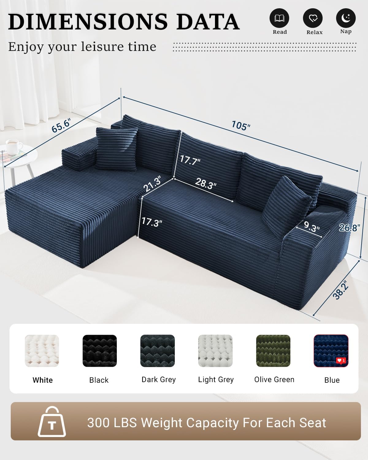 105 Inch Cloud Sectional Couch,Modern Modular Sectional Sofa with Deep Seat,Corduroy Boneless Couches with L-Shape Chaise for Living Room Bedroom,No Assembly Required (Blue, Left Facing Chaise)