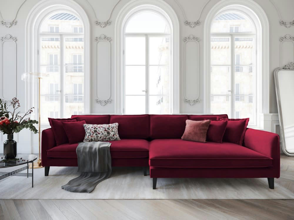 PROVENCE - Canapé d'angle 4 places en velours rouge foncé