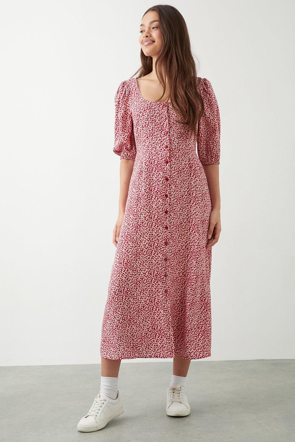Dorothy Perkins Petite Red Ditsy Floral Button Through Midi Dress
