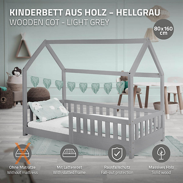 Lit d'enfant ML-Design 160x80cm gris clair en bois de pin avec toit sommier protection contre chutes