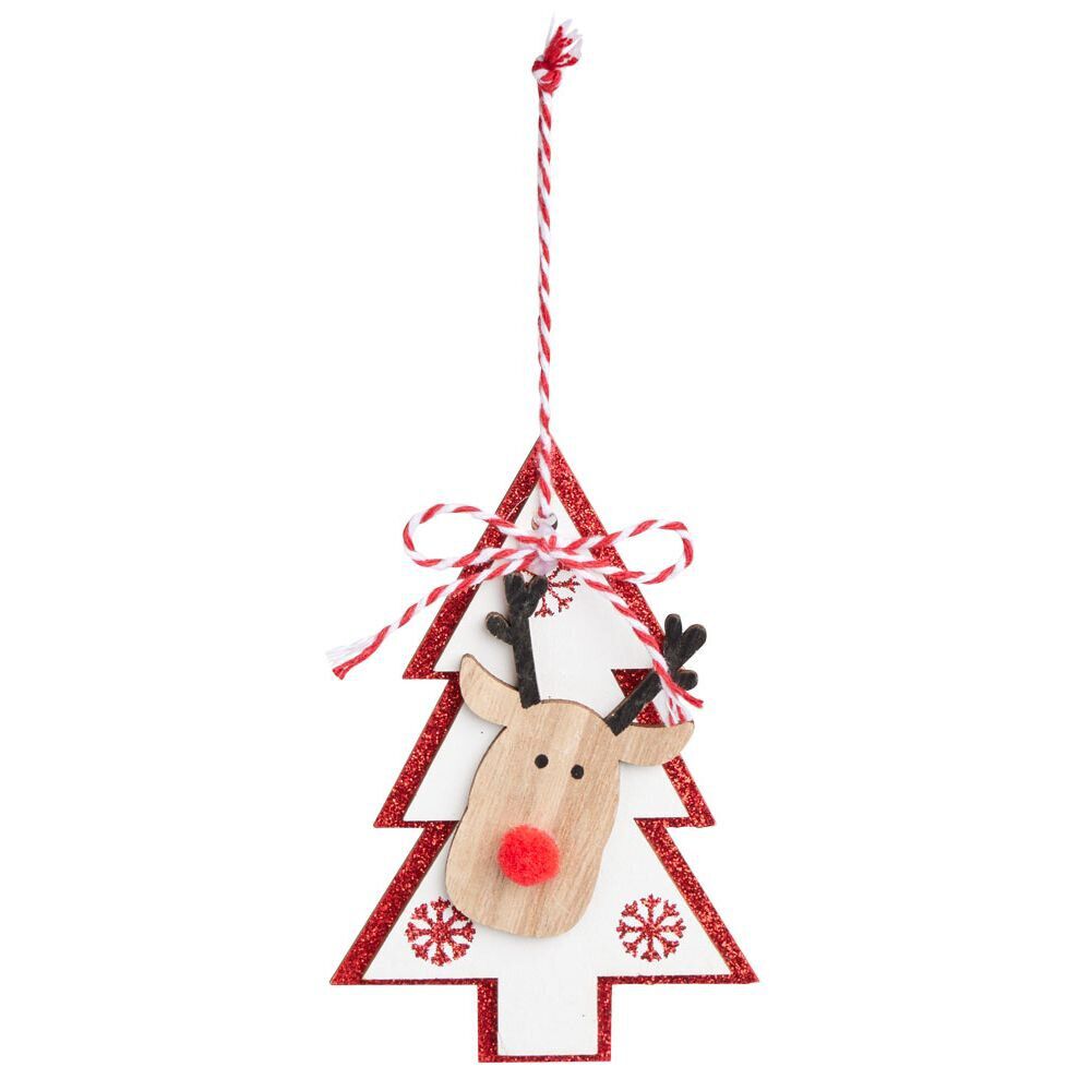 Suspension de No&euml;l en bois forme étoile ou sapin avec tête de renne 11x11cm