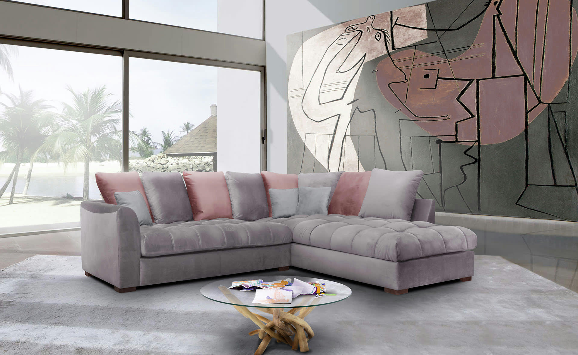 BARDI - Canapé d'angle droit 5 places tissu gris