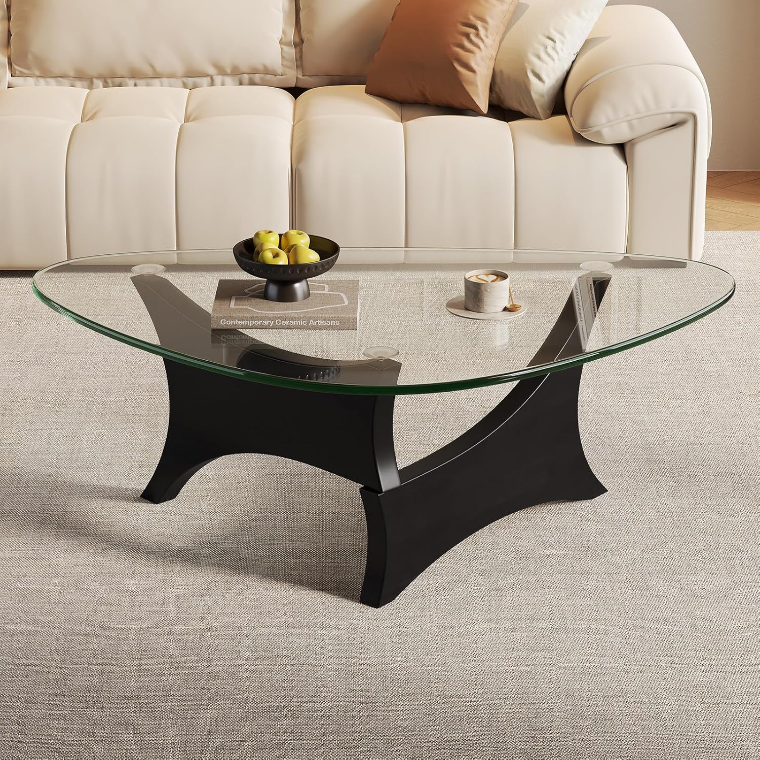 Glass Coffee Table Mid-Century Modern Coffee Table for Living Room Center Table Suitable for Bedroom Living Room Reception Office Tables（Black/Transparent，Medium）