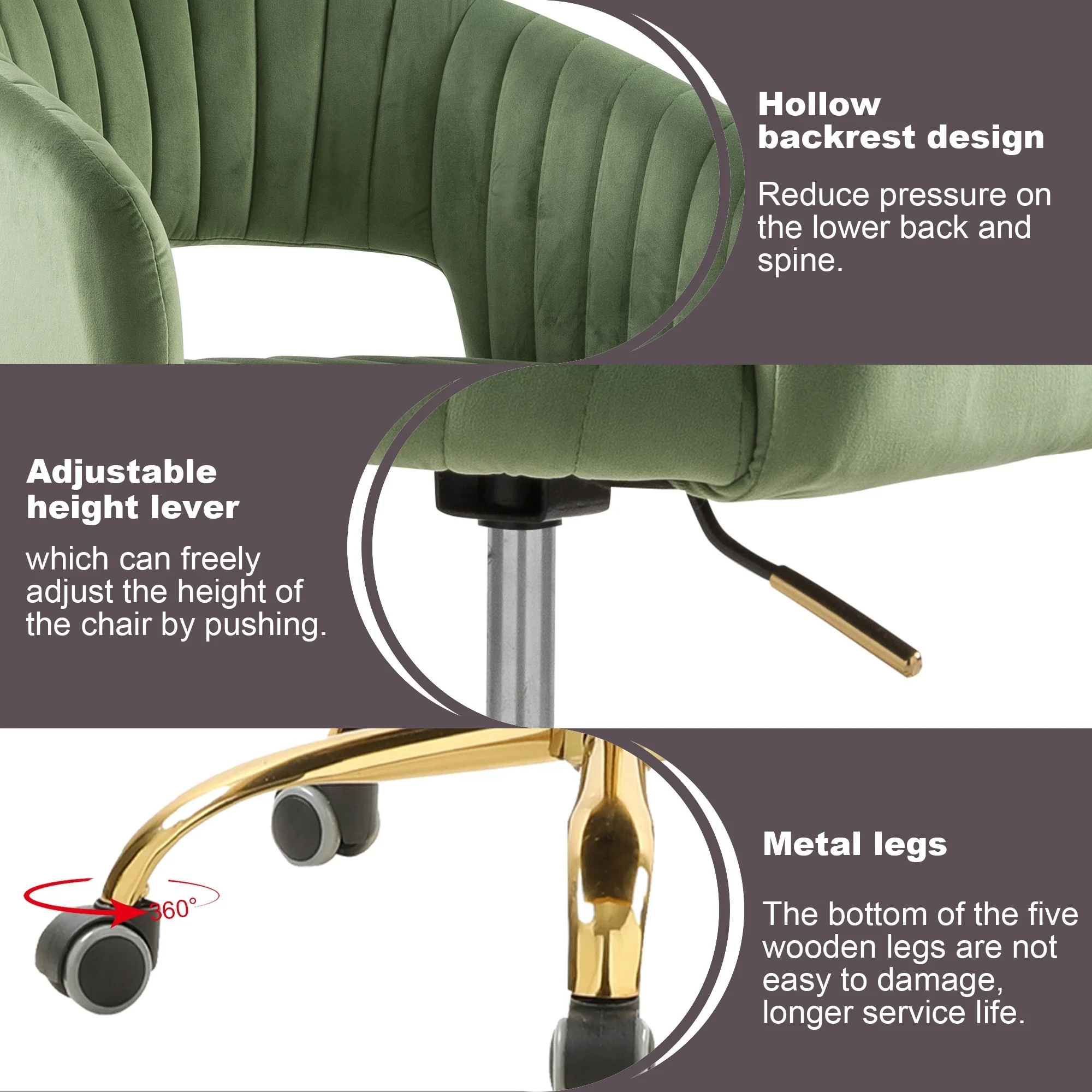 Velvet Upholstered Swivel Adjustable Height Home Office Chair With Wheels