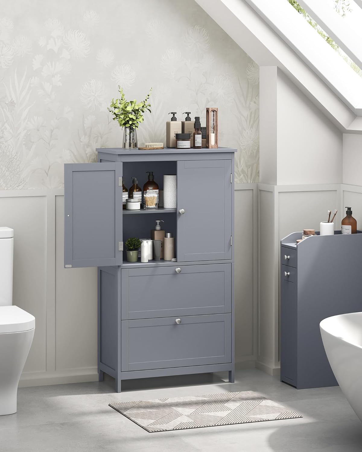 VASAGLE Floor Storage Cabinet, Freestanding Storage Unit with 2 Drawers and 2 Doors, Adjustable Shelf, 11.8 x 23.6 x 43.3 Inches, for Entryway, Bathroom, Dove Gray UBBC551G02V2