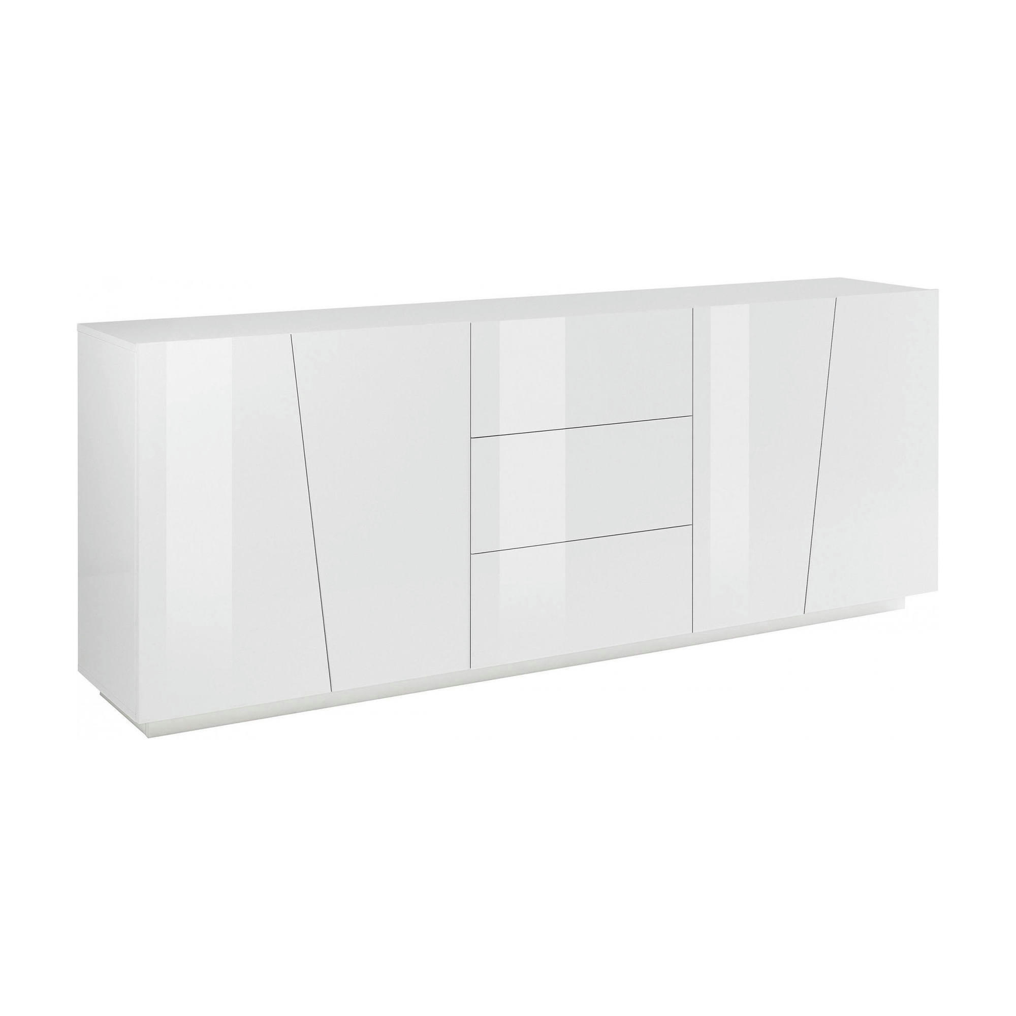 DMICILL - Buffet haut 4 portes et 3 tiroirs effet bois blanc brillant