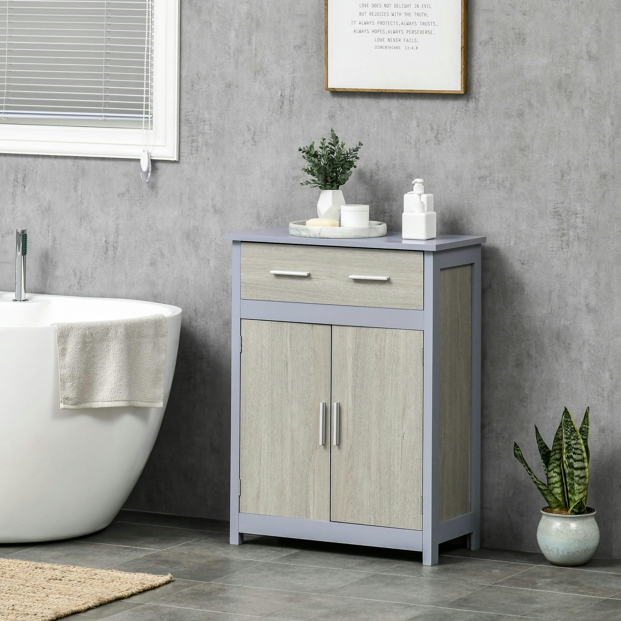 - Meuble bas salle de bain - tiroir, 2 portes - gris aspect chêne clair