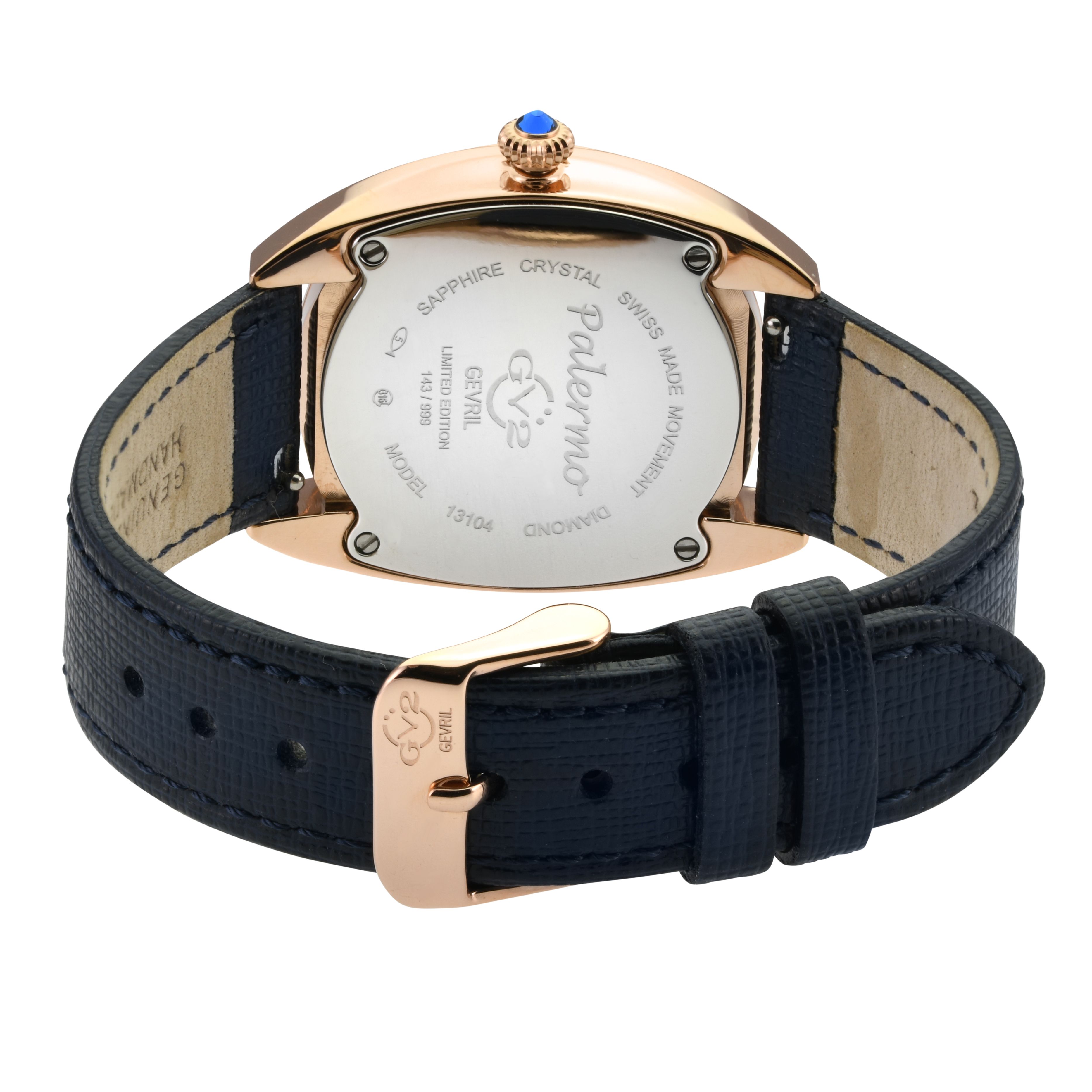GV2 Palermo Diamond , MOP Black Dial, Genuine Black Handmade Leather Strap Swiss Quartz Watch