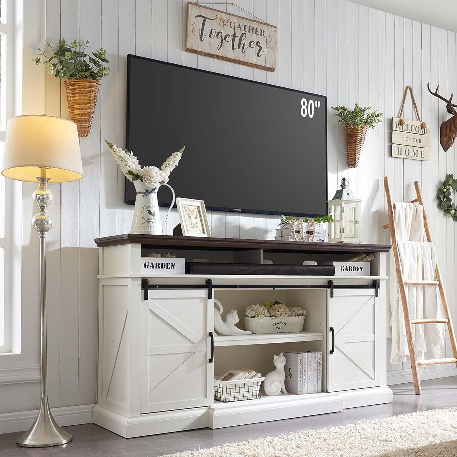 Farmhouse TV Stand for 80 Inch TVs, 37.4Tall Entertainment Center w/Storage Cabinets and Sliding Barn Door, Media Console Cabinet w/Soundbar & Adjustable Shelves for Living Room, 70 inch (White)