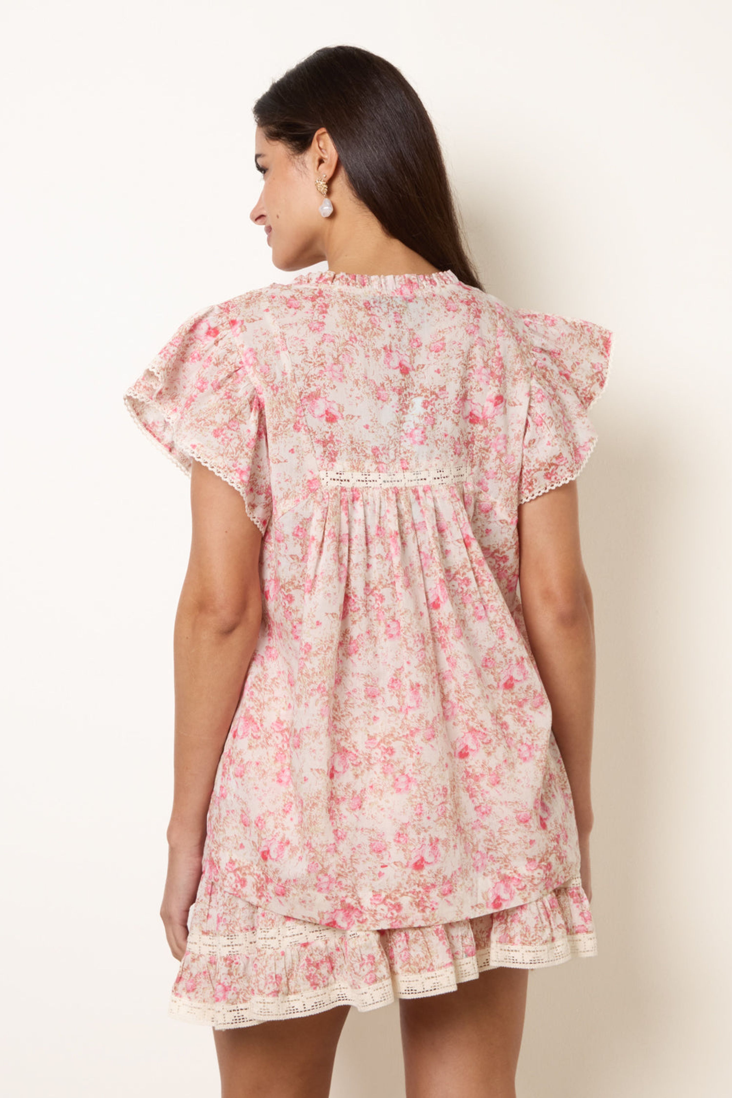 Blue Vanilla Pink Ditsy Floral Cotton Ruffle Sleeve Top