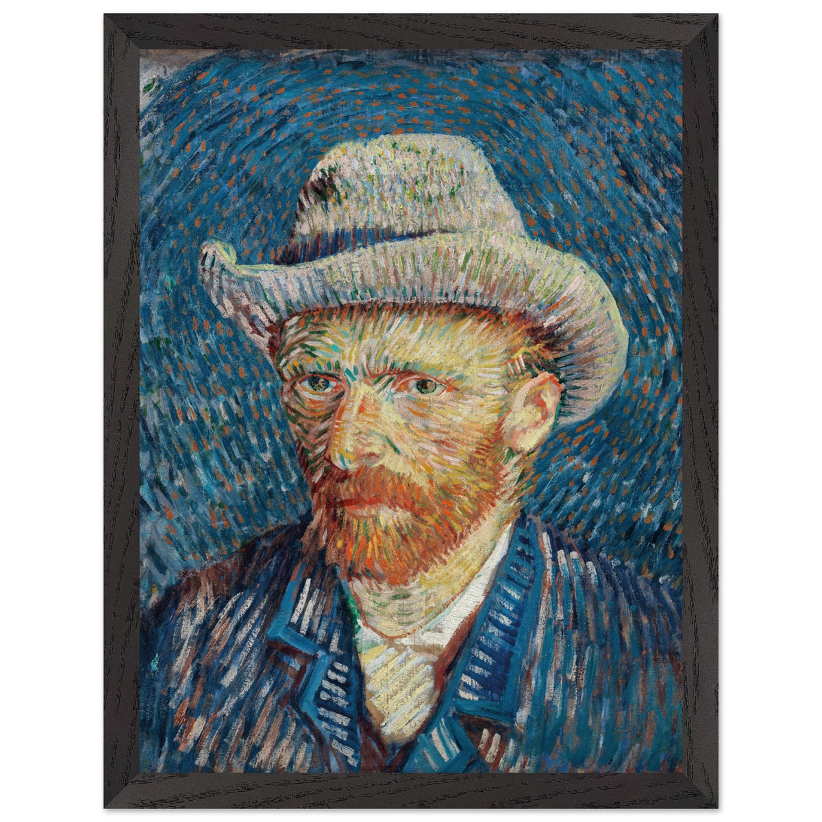 Artfulprints Poster met Lijst Vincent van Gogh - Zelfportret met grijze vilthoed  - 30x40 cm - Blauw