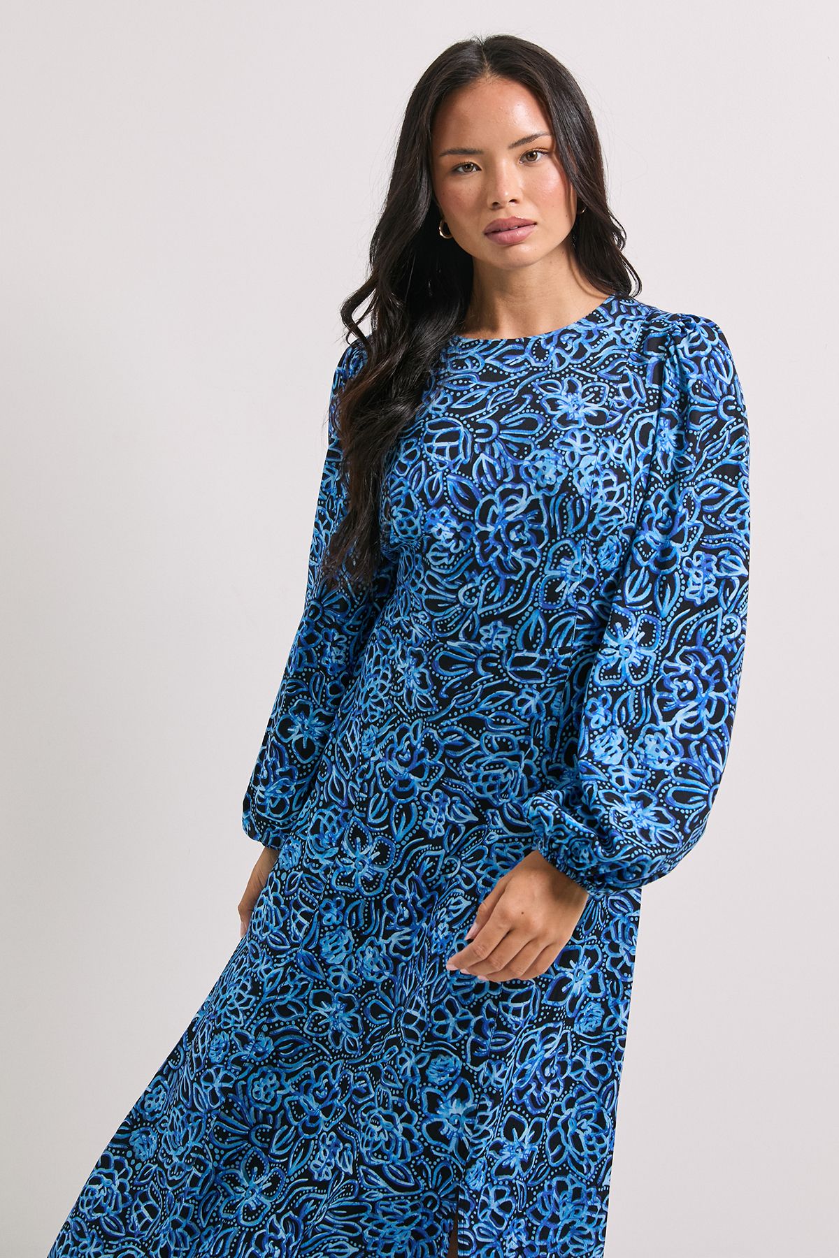 Dorothy Perkins Empire Blue Floral Seam Split Detail Printed Midi Dress
