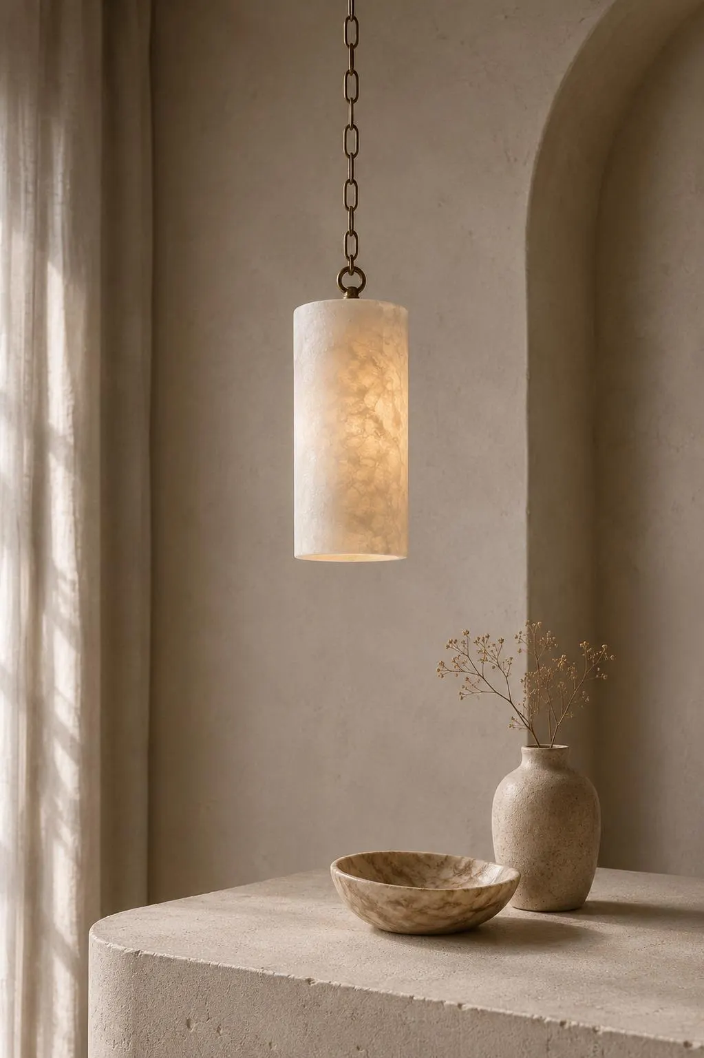 White Alabaster Cylinder Pendant Light, Natural Stone Hanging Lamp With Brass Chain