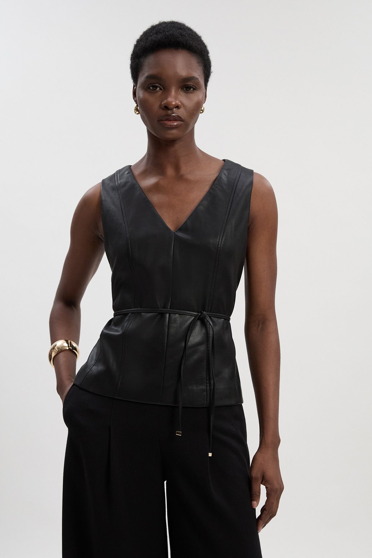 KarenMillen Faux Leather Tie Waist Tailored Top