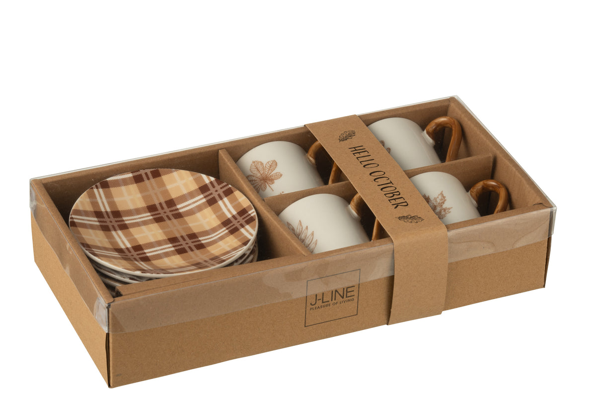 J-Line kopje   schoteltje Blad - keramiek - bruin - giftbox van 4 stuks