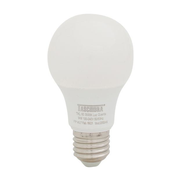 LÂMPADA LED BULBO A60 E27 9W 3000K 127 220V LUZ AMARELA TASCHIBRA